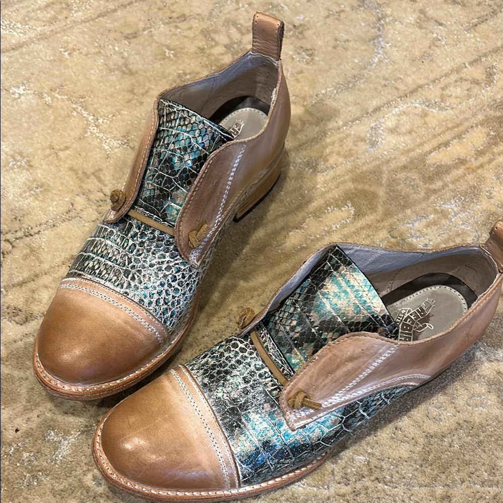 Women’s Brown and Blue Leather Booties